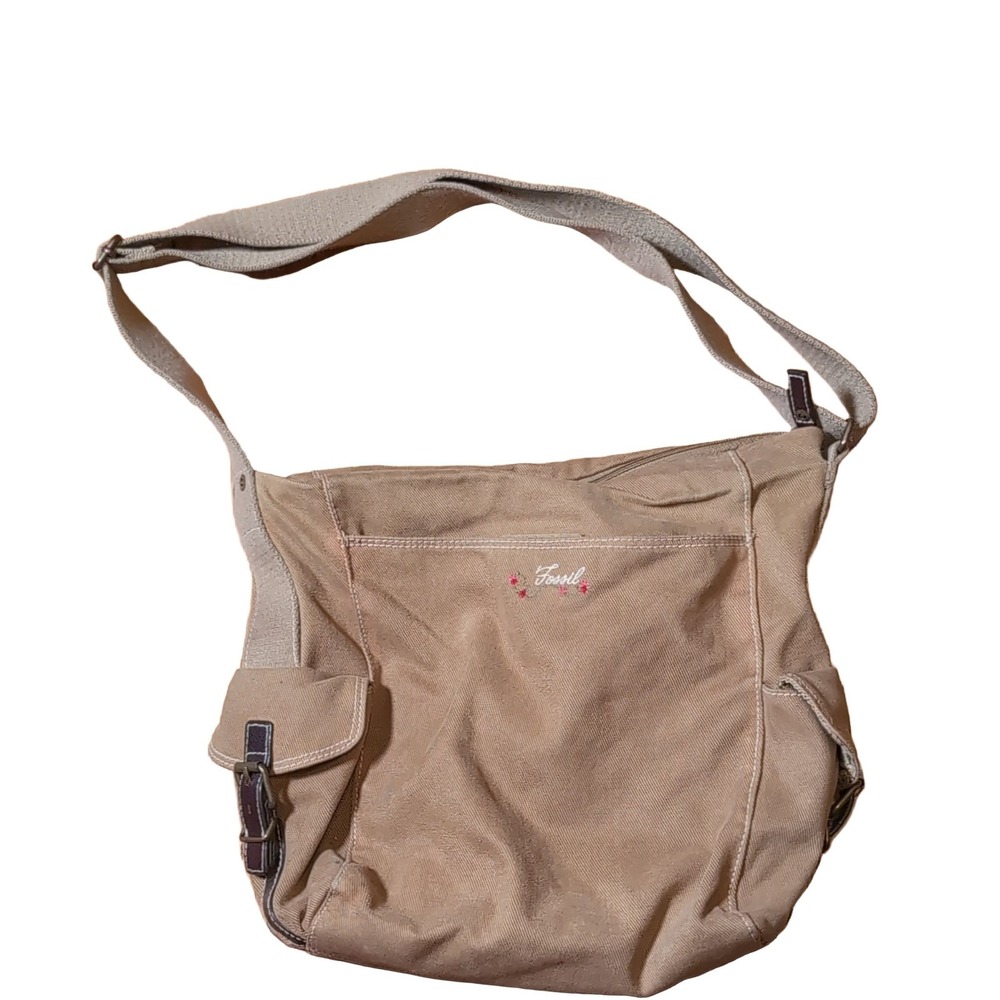 Fossil Canvas Messenger Shoulder Bag ZB3937 Tan Floral Leather Medium Women's